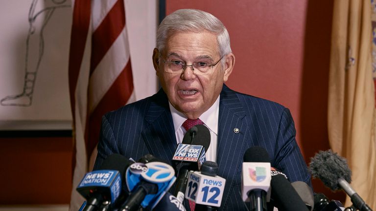 Sen. Bob Menendez speaks during a news conference on Monday, Sept. 25, 2023, in Union City, N.J. Menendez defiantly pushed back against federal corruption charges, saying cash authorities found in his home was from his savings account and was on hand for emergencies, and wasn't bribe proceeds. (AP Photo/Andres Kudacki)