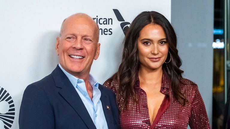 Bruce Willis and Emma Heming Willis attend the "Motherless Brooklyn" premiere during the 57th New York Film Festival at Alice Tully Hall on Friday, Oct. 11, 2019, in New York. (Photo by Charles Sykes/Invision/AP)
