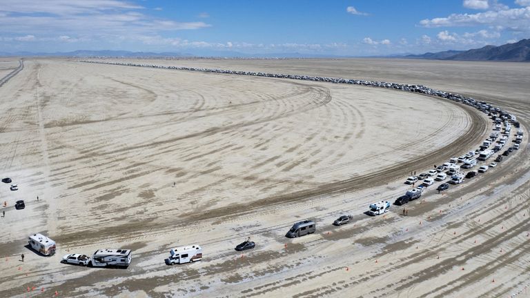 Vehicles are seen departing the Burning Man festival in Black Rock City, Nevada, U.S., September 4, 2023. REUTERS/Matt Mills McKnight