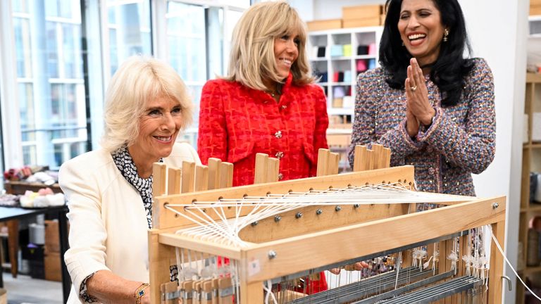 Queen Camilla and Brigitte Macron, next to CEO of Chanel Leena Nair (R), visit the 19M Campus, founded by French luxury fashion house, in Paris 