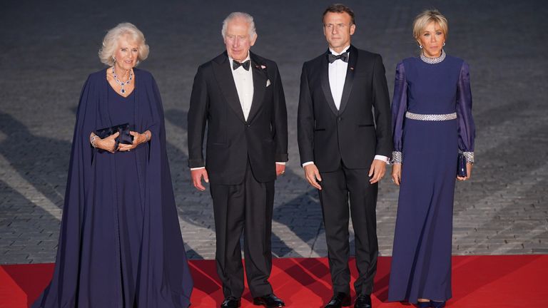 (left to right) Queen Camilla, King Charles III, French President Emmanuel Macron and Brigitte Macron attending the State Banquet at the Palace of Versailles, Paris