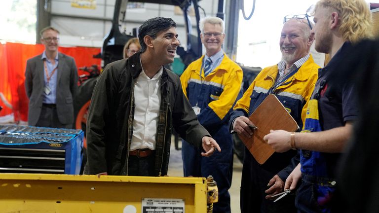 Rishi Sunak speaks to staff and apprentices during a visit to Writtle University College, in Writtle, near Chelmsford
