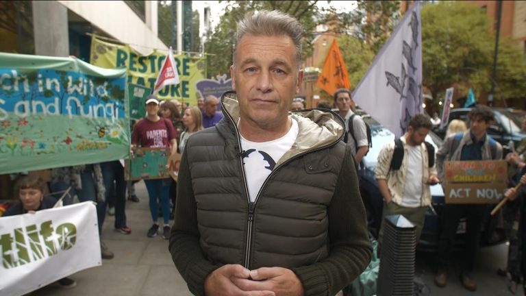 Chris Packham outside the environment department, protesting the state of nature in the UK, after a report warned of a "downward pattern of decline" 