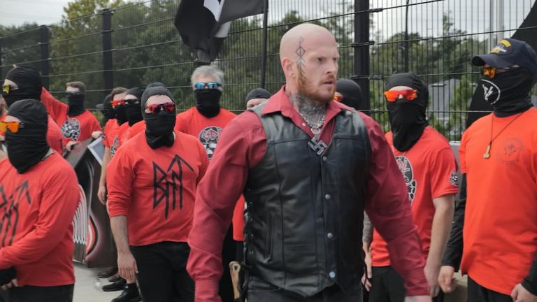 Christopher Pohlhaus - aka Hammer - the leader of the group, Blood Tribe, at a gathering of around 50 neo-Nazis. They were members of two anti-Semitic, white nationalist groups - &#34;Blood Tribe&#34; and the &#34;Goyim Defense League.&#34;