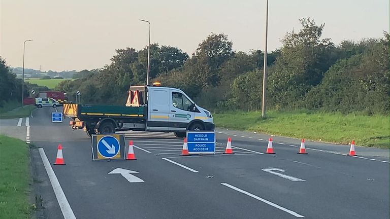 Police at the scene following the crash on the Cleddau Bridge in Pembrokeshire, West Wales.