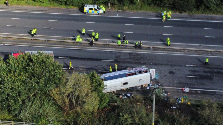 Emergency services at the scene of a coach crash on the M53 motorway, between junction 5 at Ellesmere Port and junction 4 at Bebbington. The coach was carrying schoolchildren to Calday Grange Grammar School and West Kirby Grammar School for Girls. Picture date: Friday September 29, 2023.