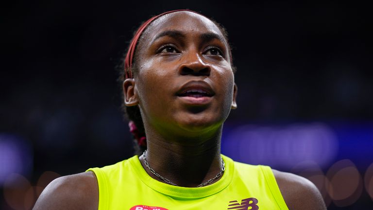 Coco Gauff, of the United States, reacts to a disruption in play against Karolina Muchova, of the Czech Republic, during the women&#39;s singles semifinals of the U.S. Open tennis championships, Thursday, Sept. 7, 2023, in New York. (AP Photo/Manu Fernandez)
