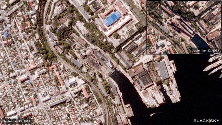 A combination image of satellite photos shows Sevastopol, Crimea before a Ukrainian missile attack, on September 12, 2023 (inset) and a view of the same site after the missile attack, on September 13, 2023. BlackSky/Handout via REUTERS THIS IMAGE HAS BEEN SUPPLIED BY A THIRD PARTY. MANDATORY CREDIT. NO RESALES. NO ARCHIVES. DO NOT OBSCURE LOGO.