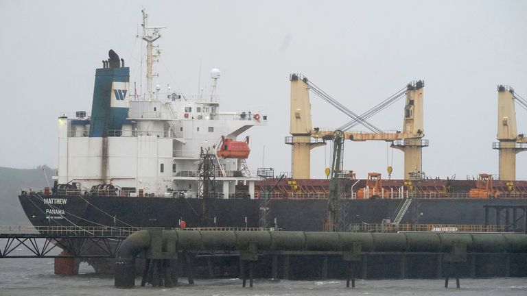 A cargo vessel named MV Matthew moored at Marino Point in Cork which is being searched after a "significant quantity" of suspected drugs were found onboard. Three men have been arrested on suspicion of organised crime offences. Picture date: Wednesday September 27, 2023. PA Photo. See PA story Irish Operation. Photo credit should read: Niall Carson/PA Wire