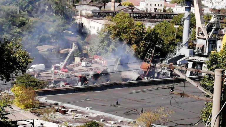 View of a damaged Russian ship following a Ukrainian missile attack on Sevastopol, Crimea 