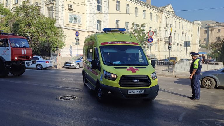 An ambulance leaves the area adjacent to the shipyard that was reportedly hit by Ukrainian missile attack in Sevastopol, Crimea September 13, 2023. REUTERS/Stringer