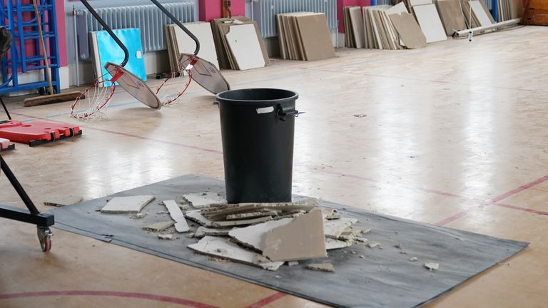 Damage inside Parks Primary School in Leicester which has been affected with sub standard reinforced autoclaved aerated concrete (Raac)