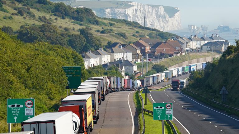 Lorries queue for the Port of Dover along the A20 in Kent as security checks are being carried out amid an ongoing effort to track down an escaped terrorism suspect, Daniel Abed Khalife. Picture date: Thursday September 7, 2023.