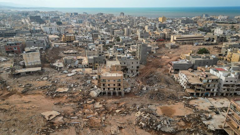 An aerial view that shows destroyed buildings and houses in the aftermath of a deadly storm and flooding that hit Libya, in Derna