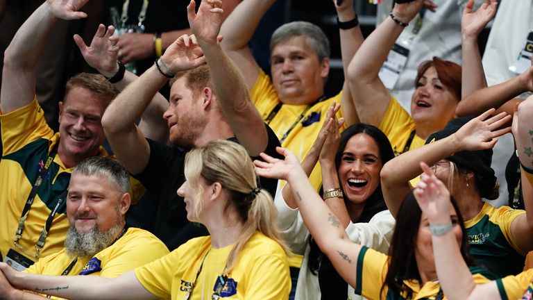 The Duke and Duchess of Sussex watch wheelchair basketball at the Merkur Spiel-Arena during the Invictus Games in Dusseldorf, Germany. Picture date: Wednesday September 13, 2023. PA Photo. See PA story ROYAL Invictus. Photo credit should read: Jordan Pettitt/PA Wire