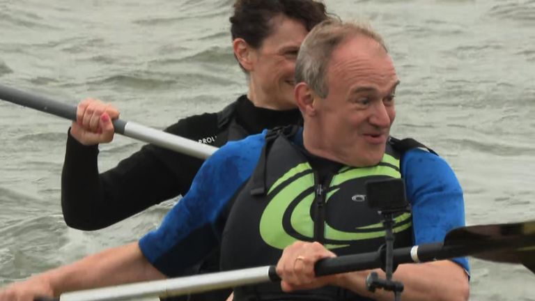 Lib Dem leader Sir Ed Davey goes kayaking at Sandbanks 