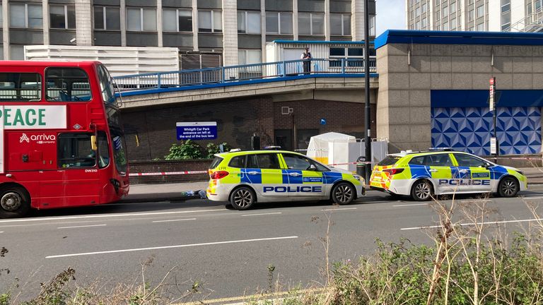 Emergency services at the scene near the Whitgift shopping centre in Croydon, south London after a 15-year-old girl was stabbed to death on Wednesday morning. Police were called at 8.30am to reports of a stabbing on Wellesley Road. The girl died at the scene 40 minutes later. Picture date: Wednesday September 27, 2023.