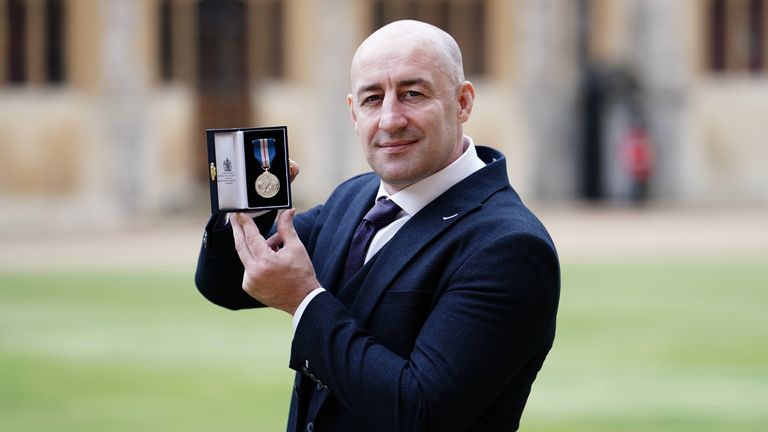 Steven Gallant after being decorated with the Queen&#39;s Gallantry Medal at an investiture ceremony at Windsor Castle,