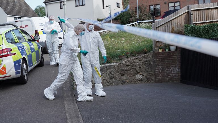 Forensic officers at a property being searched in Pump Hill, Chelmsford, Essex. Virginia McCullough of Pump Hill, Chelmsford has appeared at Chelmsford Magistrates&#39; Court, Essex, charged with the murders of her parents, John McCullough and Lois McCullough, between August 21, 2018, and September 15, 2023, in Chelmsford. Issue date: Monday September 18, 2023.