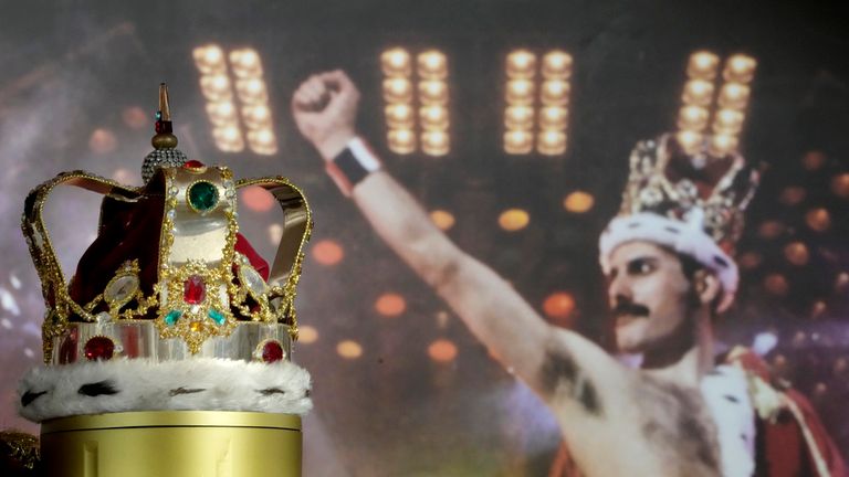 Freddie Mercury&#39;s signature crown worn throughout the &#39;Magic&#39; Tour, on display at Sotheby&#39;s auction rooms in London, Thursday, Aug. 3, 2023. More than 1,000 of Freddie Mercury&#39;s personal items, including his flamboyant stage costumes, handwritten drafts of "Bohemian Rhapsody" and the baby grand piano he used to compose Queen&#39;s greatest hits, are going on show in an exhibition at Sotheby&#39;s London ahead of their sale. (AP Photo/Kirsty Wigglesworth)