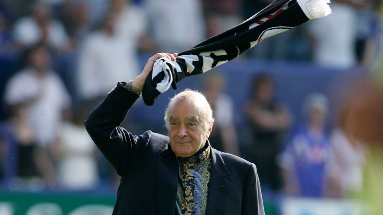 Fulham&#39;s chairman Mohamed Al-Fayed celebrates his team win against Portsmouth to retain their place in Premier League at the end of their English Premier League soccer match at Fratton Park, Portsmouth, England, Sunday, May 11, 2008. (AP Photo/Sang Tan) ** NO INTERNET/MOBILE USAGE WITHOUT FAPL LICENCE - SEE IPTC SPECIAL INSTRUCTIONS FIELD FOR DETAILS **