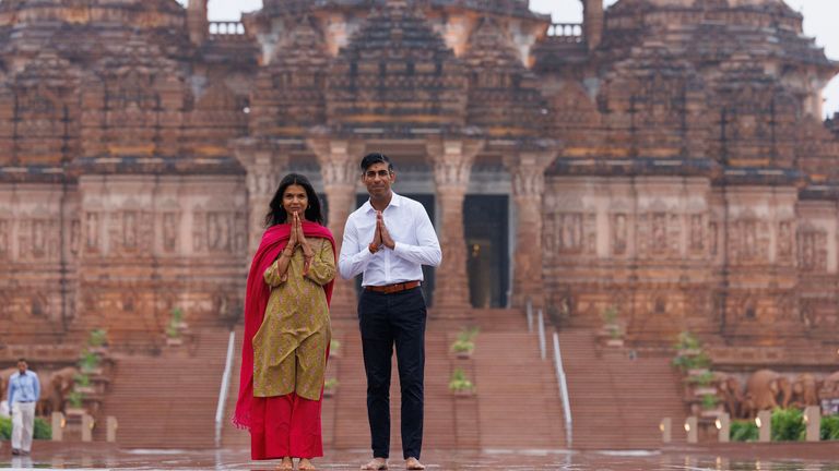 Prime Minister Rishi Sunak and his wife Akshata Murty during a visit to the Swaminarayan Akshardham Hindu temple in Delhi during the G20 Summit in New Delhi, India. Picture date: Sunday September 10, 2023. PA Photo. See PA story POLITICS G20. Photo credit should read: Dan Kitwood/PA Wire