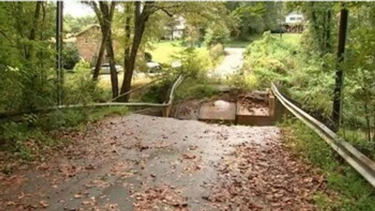 The collapsed bridge at Snow Creek in Hickory, North Carolina 
