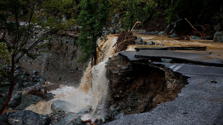 A view shows a destroyed main road connecting the touristic villages of Portaria and Makrynica, after torrential rains destroyed the infrastructure and caused flooding in the area, in Portaria, Greece, September 6, 2023. REUTERS/Louisa Gouliamaki