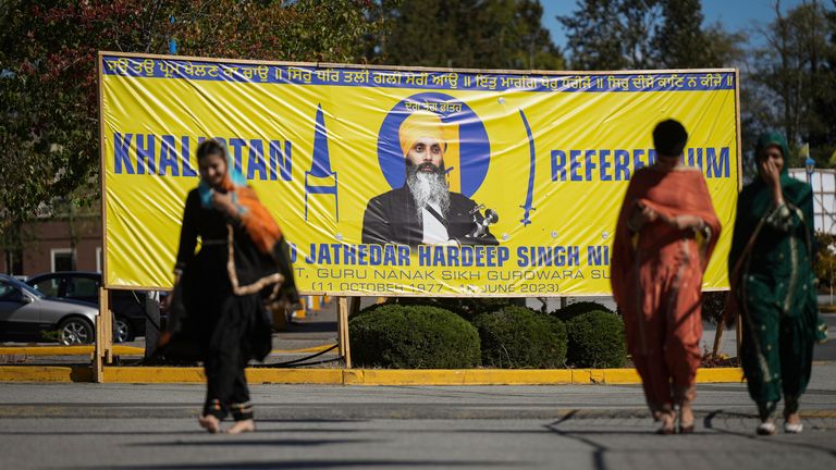 A photograph of late temple president Hardeep Singh Nijjar is seen on a banner outside the Guru Nanak Sikh Gurdwara Sahib in Surrey, British Columbia
Pic:The Canadian Press/AP