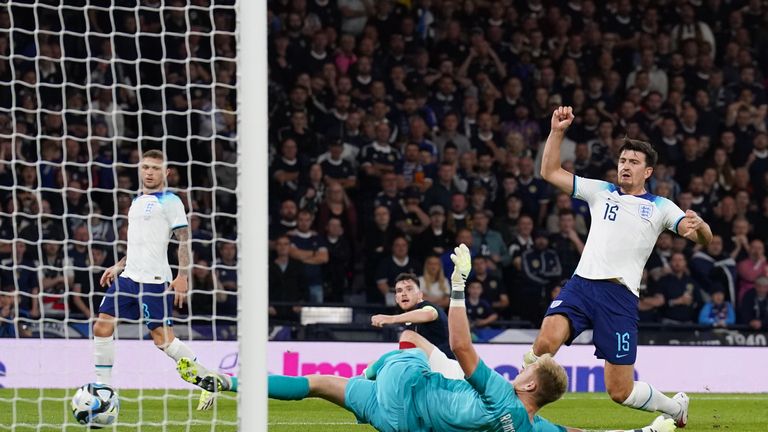 England’s Harry Maguire scores an own goal during the international friendly match at Hampden Park, Glasgow. Picture date: Tuesday September 12, 2023.