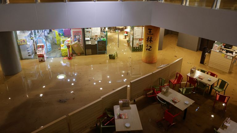 A flooded shopping centre in Hong Kong