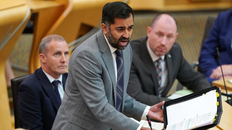Scotland&#39;s First Minister Humza Yousaf during  First Minister&#39;s Questions (FMQ&#39;s) at the Scottish Parliament in Holyrood, Edinburgh. Picture date: Thursday September 14, 2023. PA Photo. Photo credit should read: Andrew Milligan/PA Wire