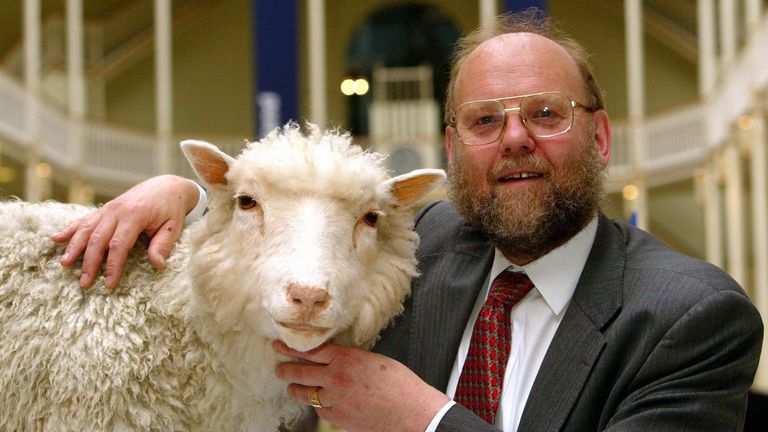 Professor Ian Wilmut with Dolly the sheep on display in the National Museums of Scotland                                                                                                   