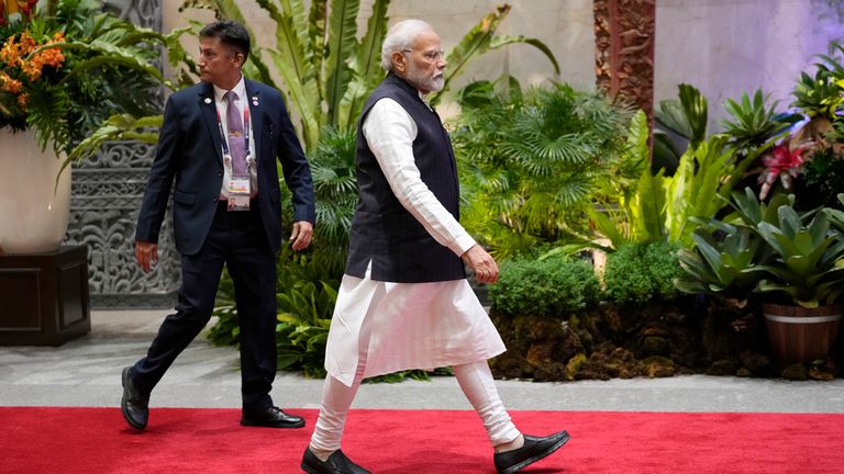 Indian Prime Minister Narendra Modi leaves after attending the East Asia Summit at the Association of Southeast Asian Nations (ASEAN) Summit in Jakarta, Indonesia, Thursday, Sept. 7, 2023. (AP Photo/Achmad Ibrahim, Pool)