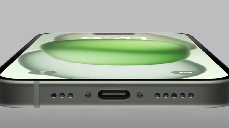 The iPhone 15 has a USB-C port.  Photo: Apple