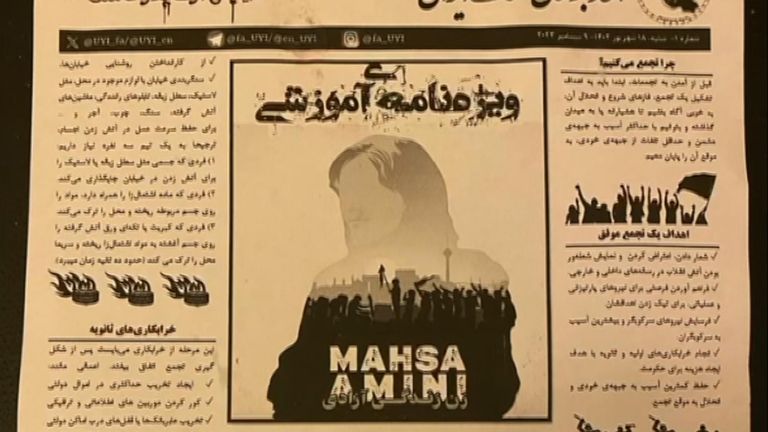 A poster protesting the death of Mahsa Amini.