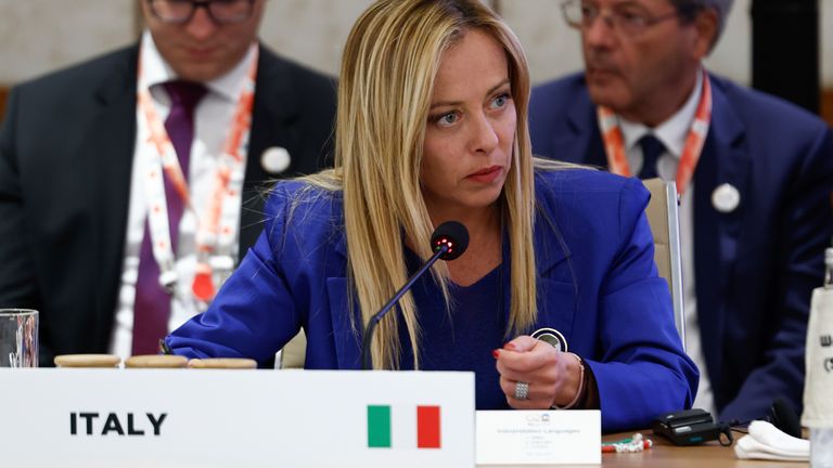 Italian Prime Minister Giorgia Meloni attends Partnership for Global Infrastructure and Investment event on the day of the G20 summit in New Delhi, India, Sept. 9, 2023. (AP Photo/Evelyn Hockstein, Pool)