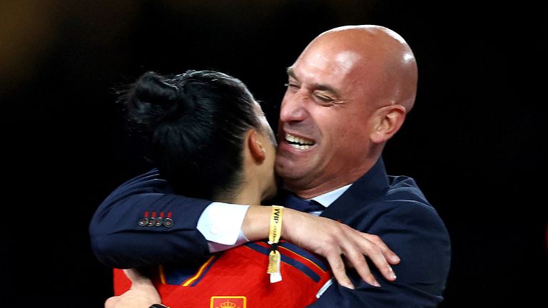 FILE PHOTO: Soccer Football - FIFA Women&#39;s World Cup Australia and New Zealand 2023 - Final - Spain v England - Stadium Australia, Sydney, Australia - August 20, 2023 Spain&#39;s Jennifer Hermoso celebrates with President of the Royal Spanish Football Federation Luis Rubiales after the match REUTERS/Hannah Mckay/File Photo