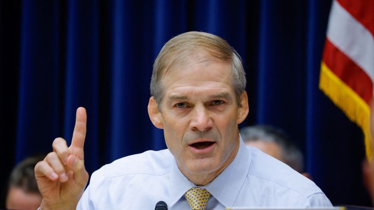 Representative Jim Jordan (R-OH) speaks as he attends a House Oversight and Accountability Committee impeachment inquiry hearing into U.S. President Joe Biden, focused on his son Hunter Biden&#39;s foreign business dealings, on Capitol Hill in Washington, U.S., September 28, 2023. REUTERS/Jim Bourg
