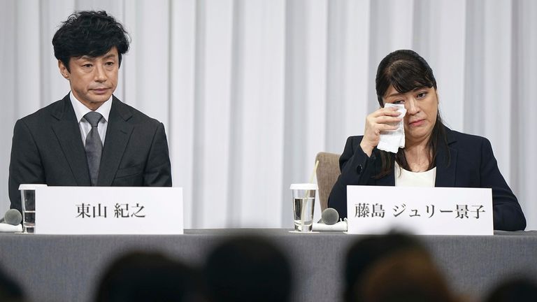 Julie Keiko Fujishima (R), former president of Johnny & Associates Inc., wipes away tears during a Tokyo press conference on Sept. 7, 2023, alongside new president Noriyuki Higashiyama, amid allegations of sexual abuse by the agency&#39;s late founder and her uncle, Johnny Kitagawa, against aspiring teenage pop singers over decades. (Kyodo via AP Images) ==Kyodo


