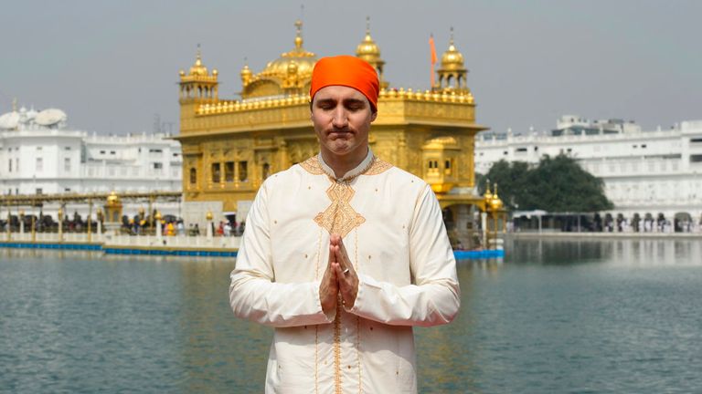 Canadian PM Justin Trudeau outside the Golden Temple in 2018. Pic: AP