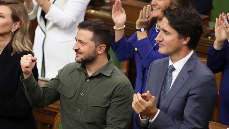 Ukrainian President Volodymyr Zelenskyy and Canada&#39;s Prime Minister Justin Trudeau recognise Yaroslav Hunka. Pic: AP