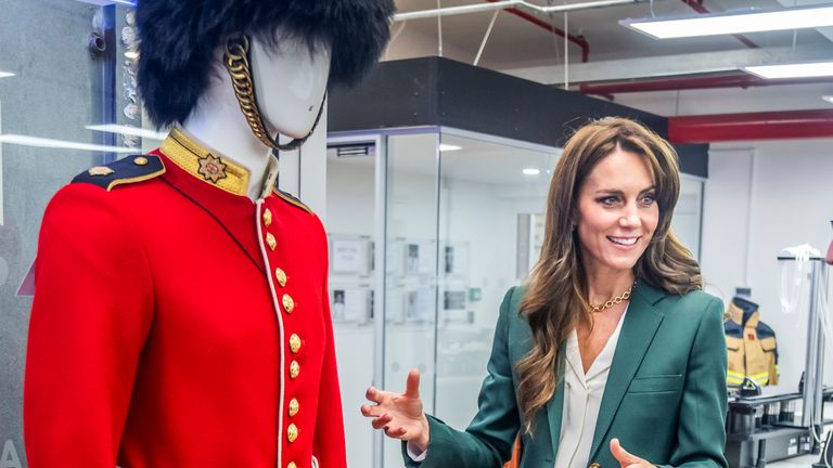 The Princess of Wales looks at a Guardsmans scarlet tunic during a visit to AW Hainsworth in Leeds, a family-owned heritage textile mill which was established in 1783 and manufactures British woollen cloth, high-performing technical textiles, and fabrics. In 1958, the Princess&#39; great-great grandfather sold William Lupton & Co to AW Hainsworth. Picture date: Tuesday September 26, 2023.