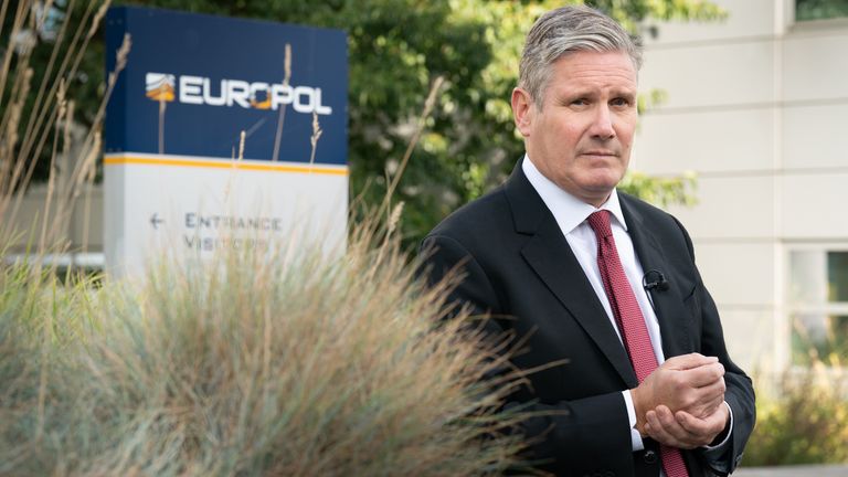 Keir Starmer leaving Europol in The Hague, Netherlands, following their meeting to discuss how Labour would tackle Channel crossings. Picture date: Thursday September 14, 2023.