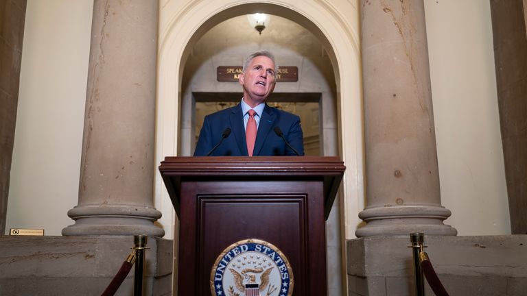 Speaker of the House Kevin McCarthy speaks at the Capitol in Washington 
Pic:AP