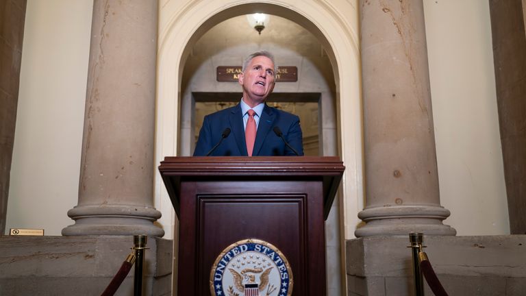 Speaker of the House Kevin McCarthy speaks at the Capitol in Washington 
Pic:AP