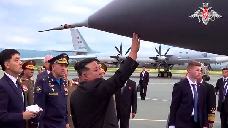 In this image made from video released by Russian Defense Ministry Press Service, North Korea&#39;s leader Kim Jong Un, center right, inspects Russian warplanes at the Vladivostok International airport in Vladivostok, Russian Far East Saturday, Sept. 16, 2023. (Russian Defense Ministry Press Service via AP)
