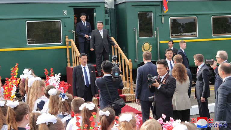 Kim Jong Un on his armoured train after arriving in Artyom, near Vladivostok. Pic: AP