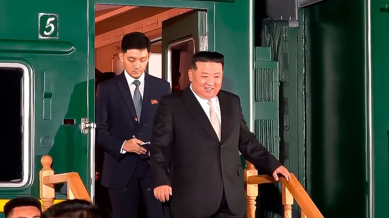 In this photo taken from video released by governor of the Russian far eastern region of Primorsky Krai Oleg Kozhemyako telegram channel on Tuesday, Sept. 12, 2023, North Korea&#39;s leader Kim Jong Un, foreground, steps down from his train after crossing the border to Russia at Khasan, about 127 km (79 miles) south of Vladivostok.(Governor of the Russian far eastern region of Primorsky Krai Oleg Kozhemyako telegram channel VIA AP)