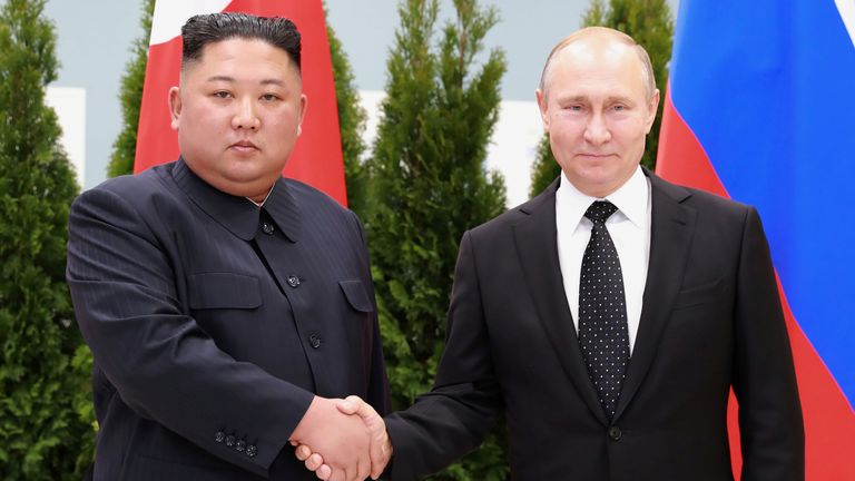 North Korean leader Kim Jong Un shakes hands with Russian President Vladimir Putin in Vladivostok, Russia in this undated photo released on April 25, 2019 by North Korea&#39;s Central News Agency (KCNA). KCNA via REUTERS ATTENTION EDITORS - THIS IMAGE WAS PROVIDED BY A THIRD PARTY. REUTERS IS UNABLE TO INDEPENDENTLY VERIFY THIS IMAGE. NO THIRD PARTY SALES. SOUTH KOREA OUT. NO COMMERCIAL OR EDITORIAL SALES IN SOUTH KOREA.
